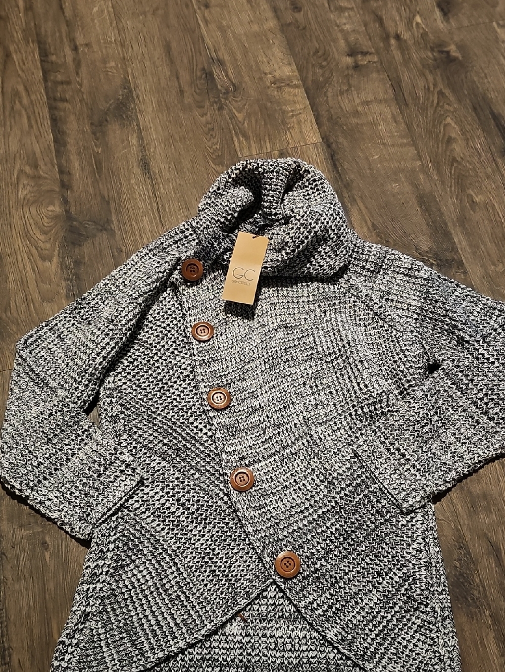 NWT Grecerelle Sweater Coat Black White Wooden Button Size Bohemian Large